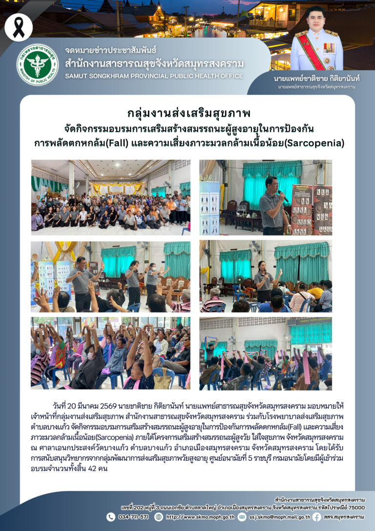 จัดกิจกรรมอบรมการเสริมสร้างสมรรถนะผู้สูงอายุในการป้องกันการพลัดตกหกล้ม (Fall) และความเสี่ยงภาวะมวลกล้ามเนื้อน้อย(Sarcopenia)