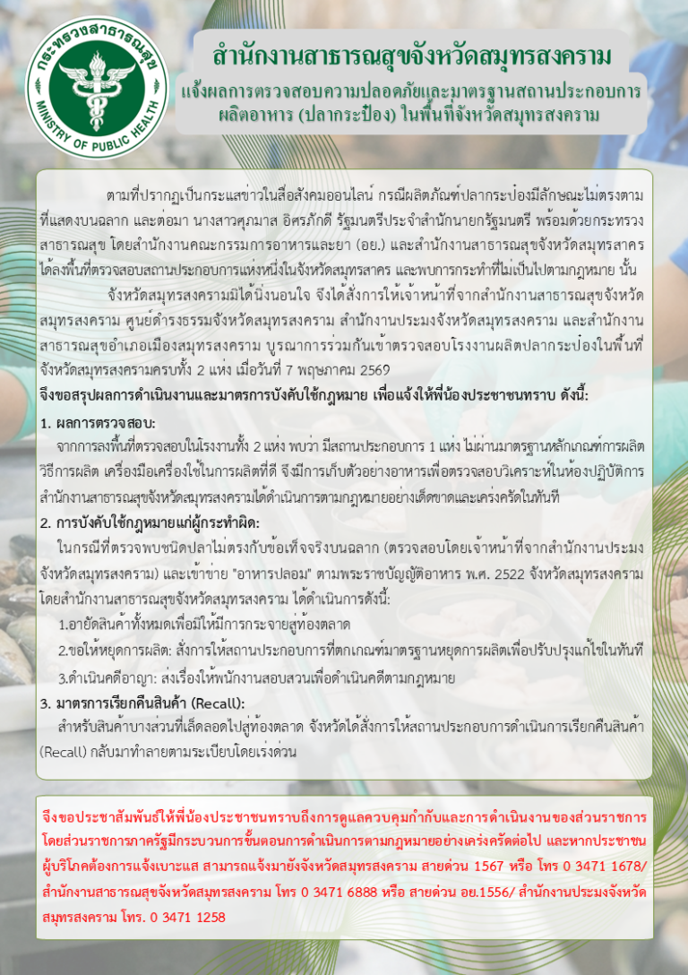 แจ้งผลการตรวจสอบความปลอดภัยและมาตรฐานสถานประกอบการผลิตอาหาร (ปลากระป๋อง) ในพื้นที่จังหวัดสมุทรสงคราม