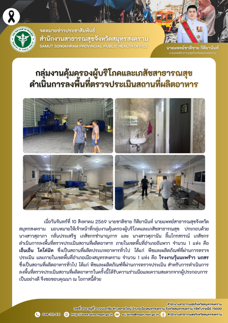 คบส.แม่กลอง ดำเนินการลงพื้นที่ตรวจประเมินสถานที่ผลิตอาหาร