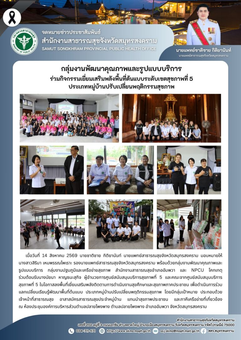 กลุ่มงานพัฒนาคุณภาพและรูปแบบบริการ                   ร่วมกิจกรรมเยี่ยมเสริมพลังพื้นที่ต้นแบบระดับเขตสุขภาพที่ 5 ประเภทหมู่บ้านปรับเปลี่ยนพฤติกรรมสุขภาพ