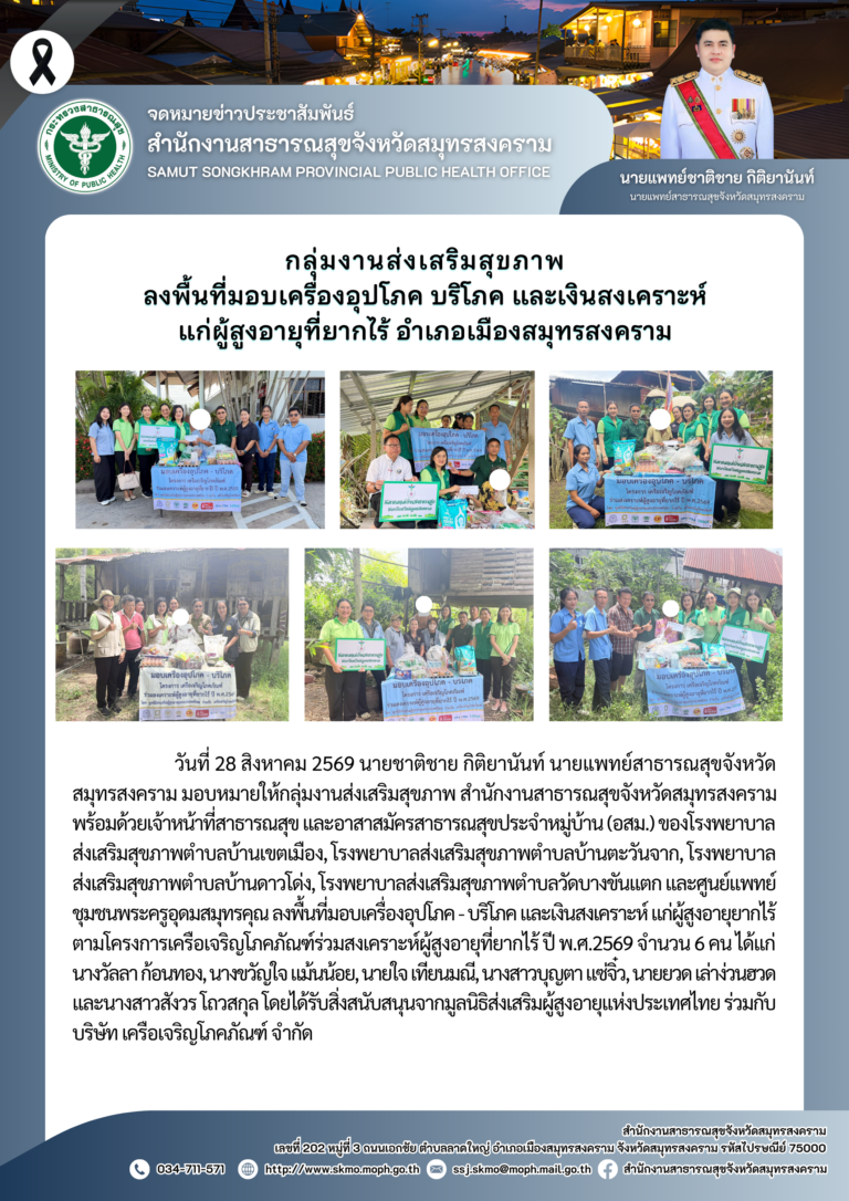 ลงพื้นที่มอบเครื่องอุปโภค บริโภค และเงินสงเคราะห์แก่ผู้สูงอายุที่ยากไร้ อำเภอเมืองสมุทรสงคราม