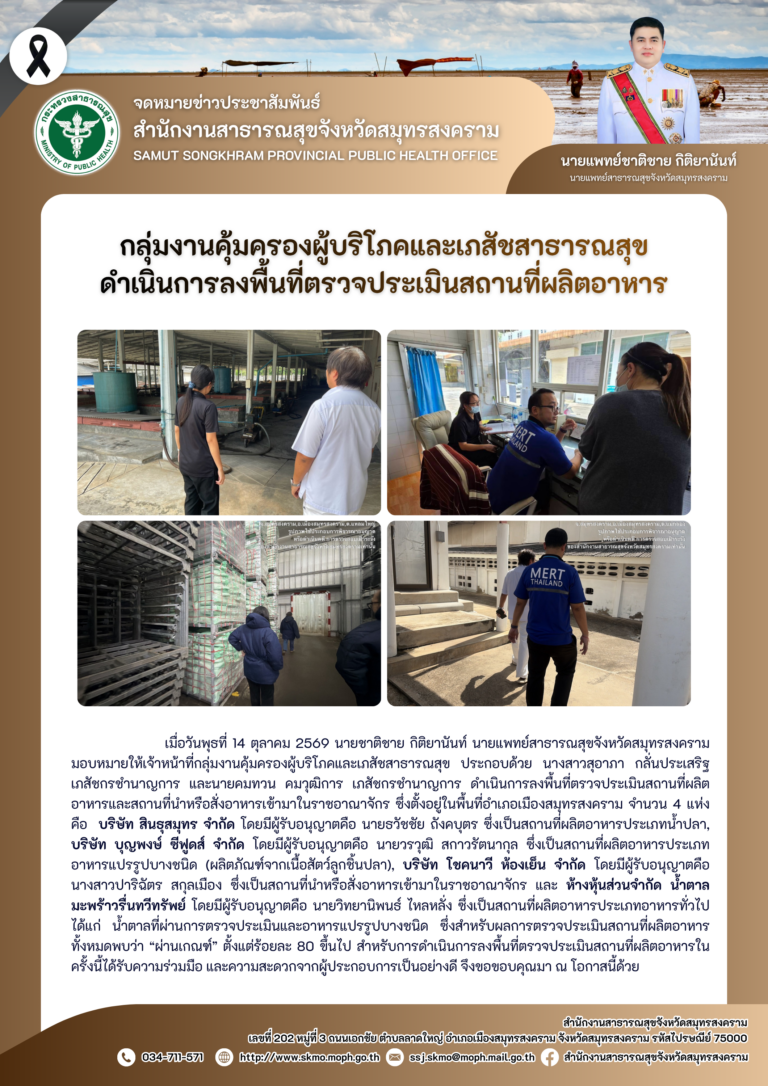 คบส.แม่กลอง ดำเนินการลงพื้นที่ตรวจประเมินสถานที่ผลิตอาหาร
